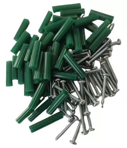 Kit de fijación con tarugos plásticos verdes y tornillos de acero